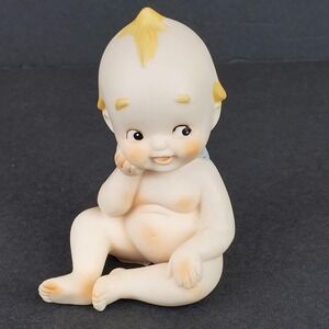 Vintage Lefton Kewpie Sitting Thinking Bisque Blue Wing Cherub Figurine C2132